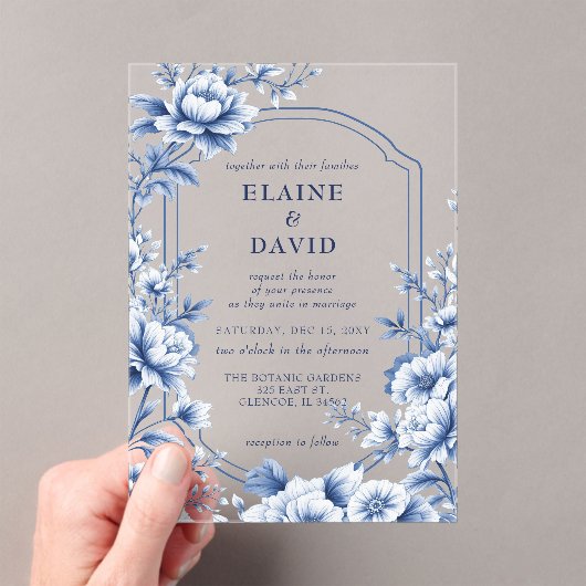 Elegant Blue Chinoiserie Floral Botanical Wedding アクリル招待状 (インサイチュ (ポータブル))