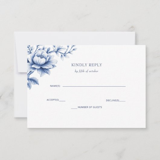 Elegant Blue Chinoiserie Floral Botanical Wedding 出欠カード (正面)