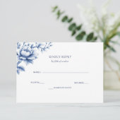 Elegant Blue Chinoiserie Floral Botanical Wedding 出欠カード (スタンド正面)
