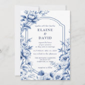Elegant Blue Chinoiserie Floral Botanical Wedding 招待状 (正面)