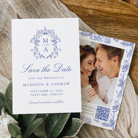 Elegant Blue Chinoiserie Floral QR Code Wedding セーブザデート