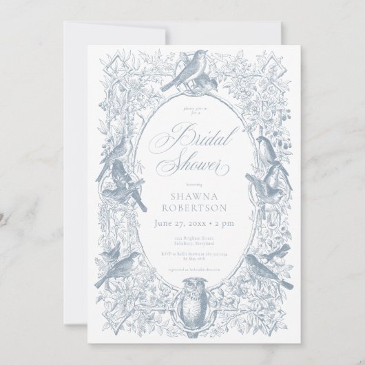 Elegant Blue Chinoiserie Nature & Birds Shower 招待状 (正面)