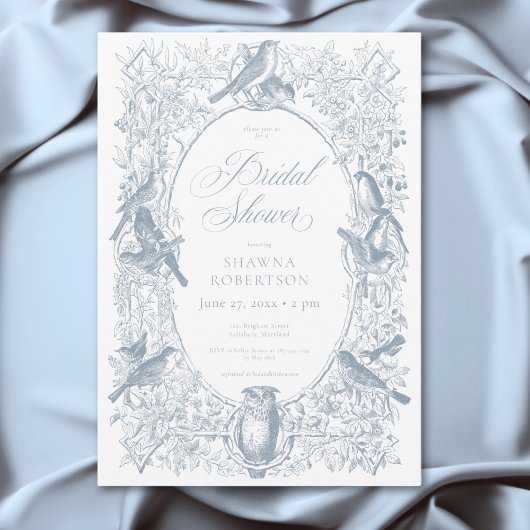 Elegant Blue Chinoiserie Nature & Birds Shower 招待状