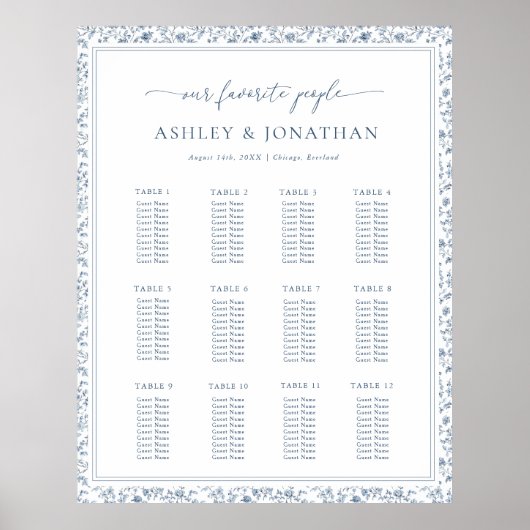 Elegant Blue Chinoiserie Wedding Seating Chart ポスター (正面)