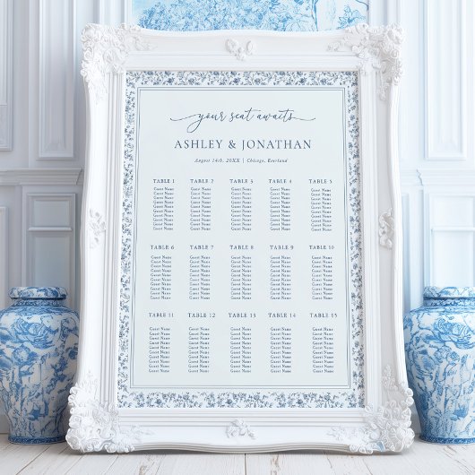 Elegant Blue Chinoiserie Wedding Seating Chart ポスター