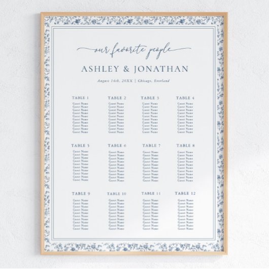 Elegant Blue Chinoiserie Wedding Seating Chart ポスター