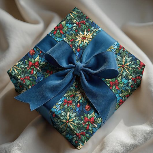 Elegant blue christmas coquette bow stained glass  ラッピングペーパー