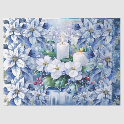 Elegant Blue Christmas Floral Candles Decoupage 薄葉紙 (正面)