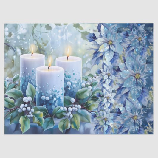 Elegant Blue Christmas Floral Candles Decoupage 薄葉紙 (正面)