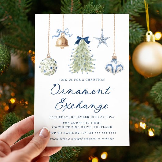 Elegant Blue Christmas Ornament Exchange 招待状