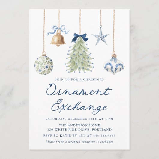 Elegant Blue Christmas Ornament Exchange 招待状 (正面)
