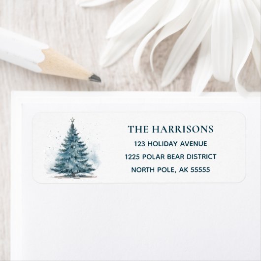 Elegant Blue Christmas Tree Return Address ラベル (インサイチュ)