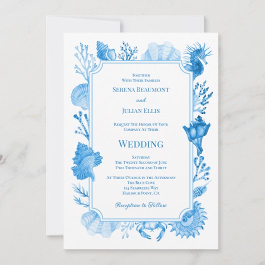 Elegant Blue Coastal Seashell and Coral Wedding 招待状 (正面)