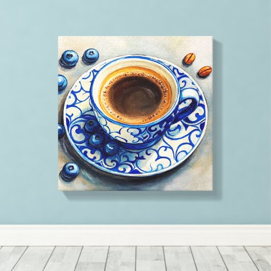 Elegant Blue Coffee Cup with Blueberries – Realist キャンバスプリント (インサイチュ (ウッドフロア))
