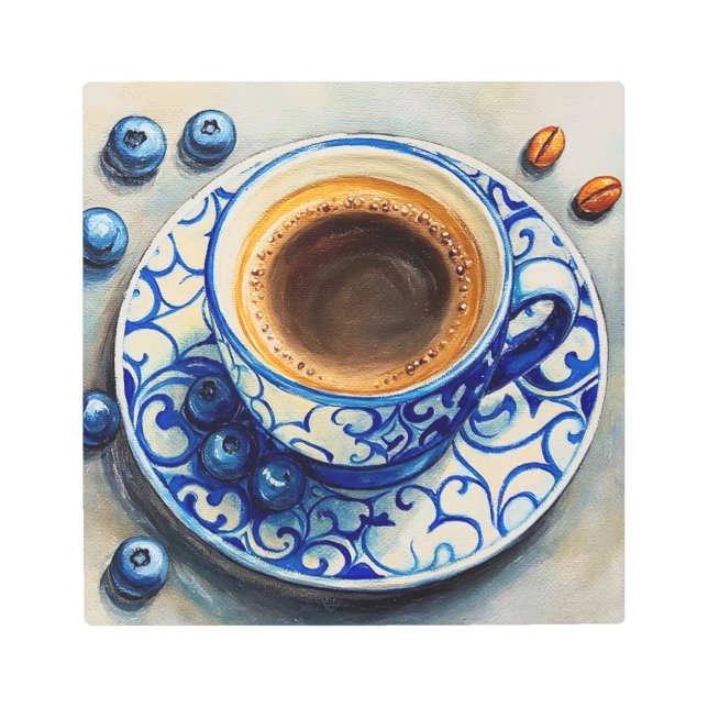 Elegant Blue Coffee Cup with Blueberries – Realist メタルプリント (正面)