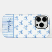 Elegant blue coquette bow striped toile monogram Case-Mate iPhoneケース (裏面 (横))