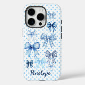 Elegant blue coquette bows dotted toile monogram Case-Mate iPhoneケース (裏面)