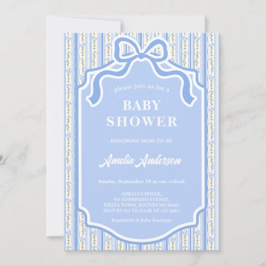 Elegant Blue Coquette Ribbon Bow Floral Stripe 招待状 (正面)