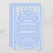 Elegant Blue Coquette Ribbon Bow Floral Stripe 招待状 (正面/裏面)