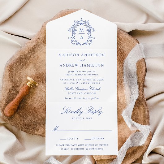 Elegant Blue Crest Chinoiserie Monogram Wedding オールインワン招待状