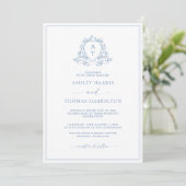 Elegant Blue Crest Monogram Wedding Invitation 招待状 (スタンド正面)