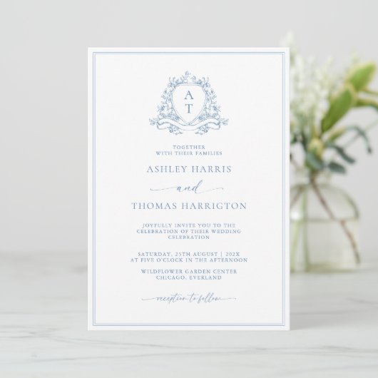 Elegant Blue Crest Monogram Wedding Invitation 招待状 (スタンド正面)