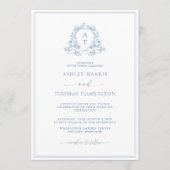 Elegant Blue Crest Monogram Wedding Invitation 招待状 (正面)