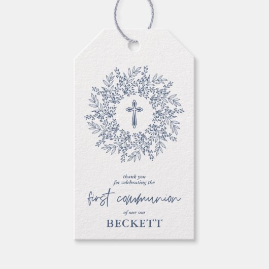 Elegant Blue Cross Boy First Communion Favor ギフトタグ (正面)