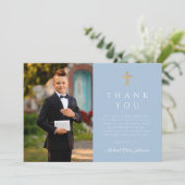 Elegant Blue Cross Boy First Communion Photo サンキューカード (スタンド正面)