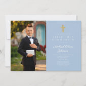 Elegant Blue Cross Photo Boy First Communion  招待状 (正面)