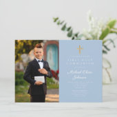 Elegant Blue Cross Photo Boy First Communion  招待状 (スタンド正面)