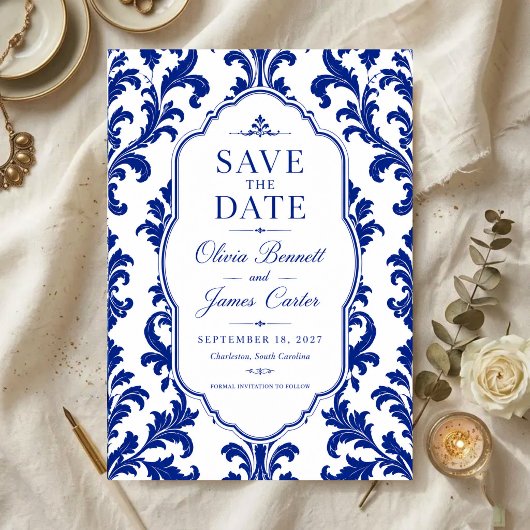 Elegant Blue Damask  セーブザデート
