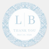 Elegant Blue Damask Initials ラウンドシール (正面)