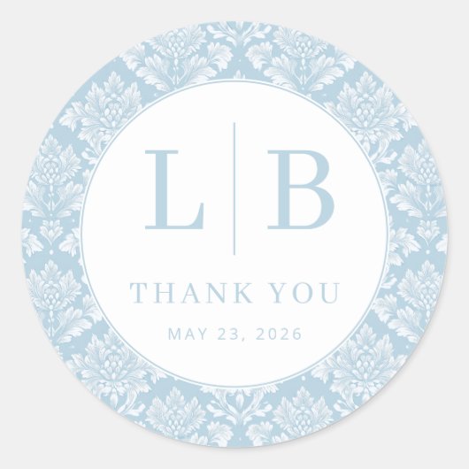 Elegant Blue Damask Initials ラウンドシール (正面)