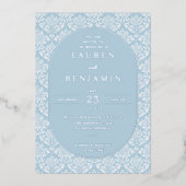 Elegant Blue Damask Wedding Invitation 箔招待状 (正面)