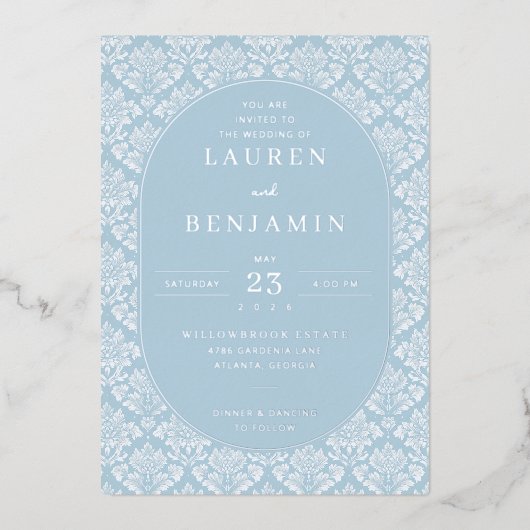 Elegant Blue Damask Wedding Invitation 箔招待状 (正面)