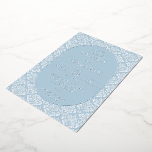 Elegant Blue Damask Wedding Invitation 箔招待状 (回転した状態)