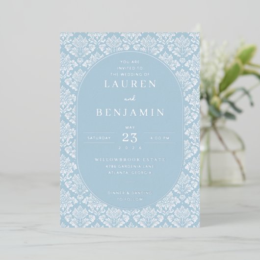 Elegant Blue Damask Wedding Invitation 箔招待状 (立ち正面)