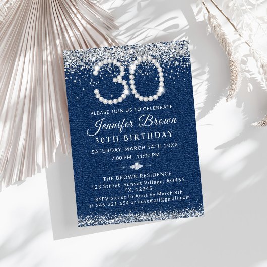 Elegant Blue Denim & Diamonds 30th Birthday Party 招待状