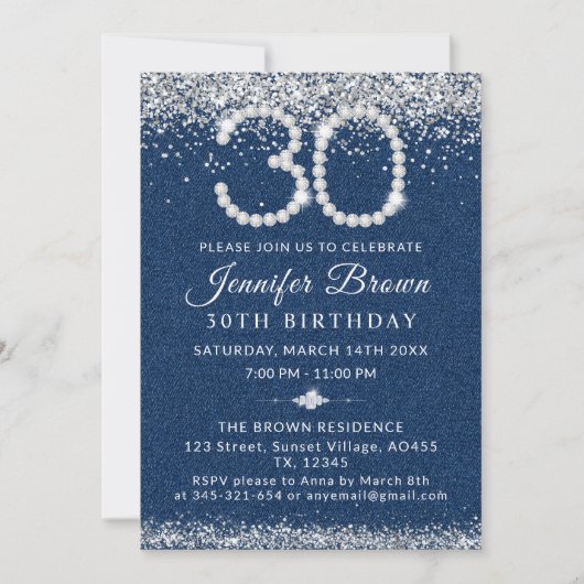 Elegant Blue Denim & Diamonds 30th Birthday Party 招待状 (正面)