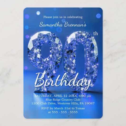 Elegant Blue Diamond Gemstone Glamour 90th Party 招待状 (正面)