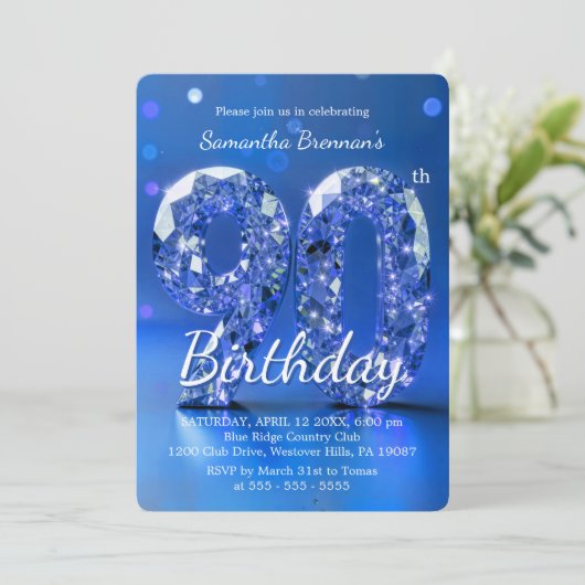 Elegant Blue Diamond Gemstone Glamour 90th Party 招待状 (スタンド正面)