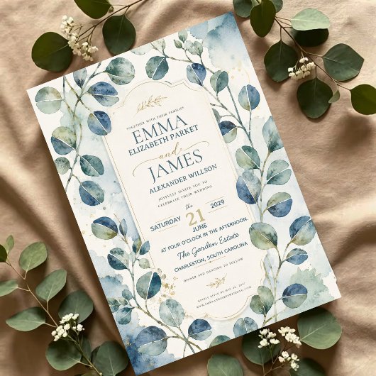 Elegant Blue Eucalyptus Watercolor Botanical アクリル招待状