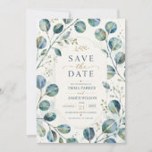 Elegant Blue Eucalyptus Watercolor Botanical  セーブザデート (正面)