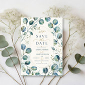 Elegant Blue Eucalyptus Watercolor Botanical  セーブザデート