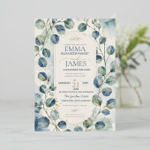 Elegant Blue Eucalyptus Watercolor Botanical 箔招待状 (立ち正面)