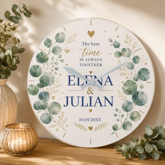 Elegant Blue Eucalyptus Wedding ラージ壁時計