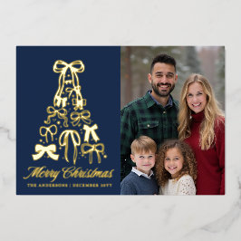 Elegant Blue Family Photo Bows Christmas 箔シーズンカード