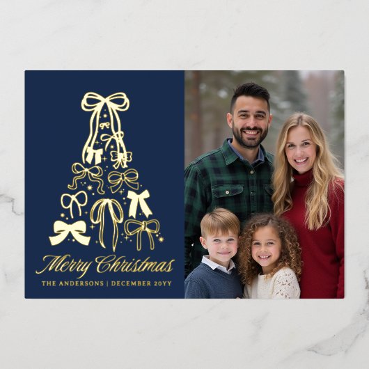 Elegant Blue Family Photo Bows Christmas 箔シーズンカード (正面)