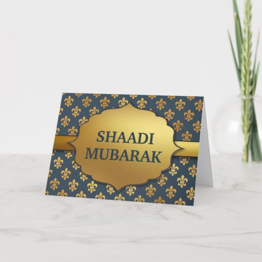 Elegant Blue Fleur-De-Lis Pattern Shaadi Mubarak カード (正面)